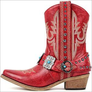 Faux Leather Ankle Boots with Embroidery Studded Western Style